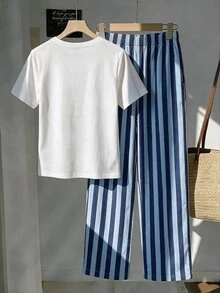 Comfortcana Conjunto Casual de 2 Peças com Camiseta de Manga Curta e Gola Redonda com Estampa de Listras e Letras e Calça para Mulheres - Multicolorido - Visão 2
