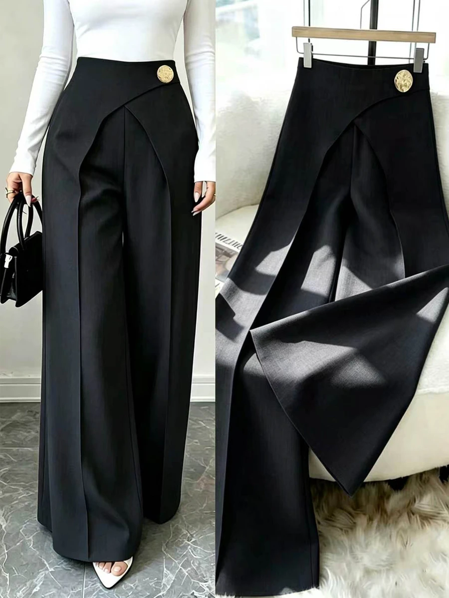 Selianne Black N Gold Winter Classy Office Ladies' Elegant Imitation Denim Overlapping 2 In 1 Pants,Metal Buckle Side Zipper Casual Versatile Fall Cloth Women - Black - View 1
