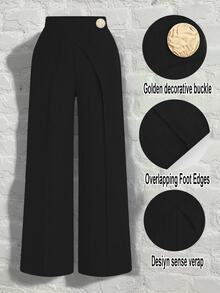 Selianne Black N Gold Winter Classy Office Ladies' Elegant Imitation Denim Overlapping 2 In 1 Pants,Metal Buckle Side Zipper Casual Versatile Fall Cloth Women - Black - View 4