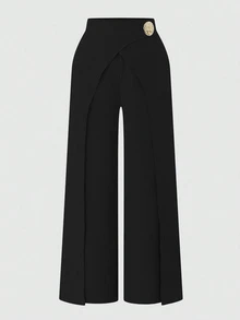 Selianne Black N Gold Winter Classy Office Ladies' Elegant Imitation Denim Overlapping 2 In 1 Pants,Metal Buckle Side Zipper Casual Versatile Fall Cloth Women - Black - View 3