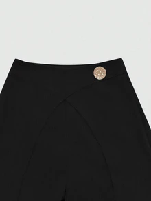 Selianne Black N Gold Winter Classy Office Ladies' Elegant Imitation Denim Overlapping 2 In 1 Pants,Metal Buckle Side Zipper Casual Versatile Fall Cloth Women - Black - View 6