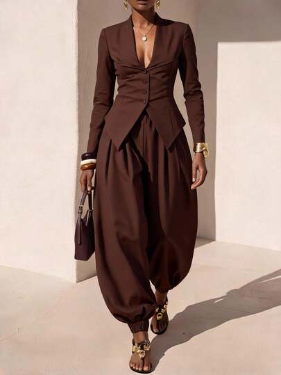 Zivah Early Autumn New Arrival Women's Brown Suit Set, Casual Daily Streetwear, Basic Versatile, Vacation Holiday Outfit, Formal Pants, Country Style, Commute Style, Party Festival Outing, Office Wear, V-Neck Sleeveless Halter Neck Button Decor Top And Wide Leg Pants With Pockets And Elastic Waistband
