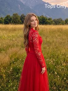 SHEIN MOD Women's Lace Contrast Front Button Long Sleeve Casual Blouse - Red - View 1