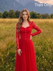 SHEIN MOD Women's Lace Contrast Front Button Long Sleeve Casual Blouse - Red - View 2