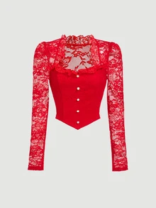 SHEIN MOD Women's Lace Contrast Front Button Long Sleeve Casual Blouse - Red - View 3