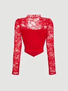 SHEIN MOD Women's Lace Contrast Front Button Long Sleeve Casual Blouse - Red - View 4