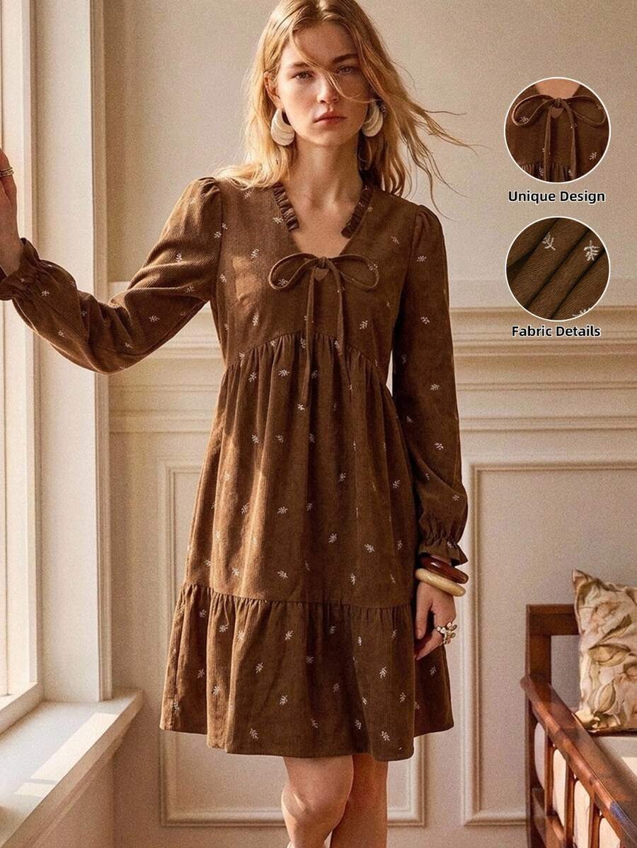 SHEIN Gaun Musim Gugur/Musim Dingin Terbaru dengan Tekstur Cetak 3D, Elegan, Bergaya Vintage Cokelat Prancis, Kasual.