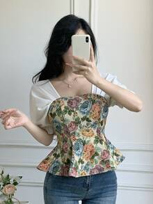 Roamenne Roamenne 女士花卉拼接提花短袖衬衫 - 白色 - 查看 5