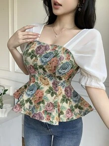 Roamenne Roamenne 女士花卉拼接提花短袖衬衫 - 白色 - 查看 3