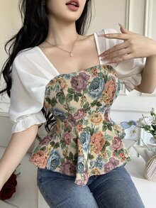 Roamenne Roamenne 女士花卉拼接提花短袖衬衫 - 白色 - 查看 1