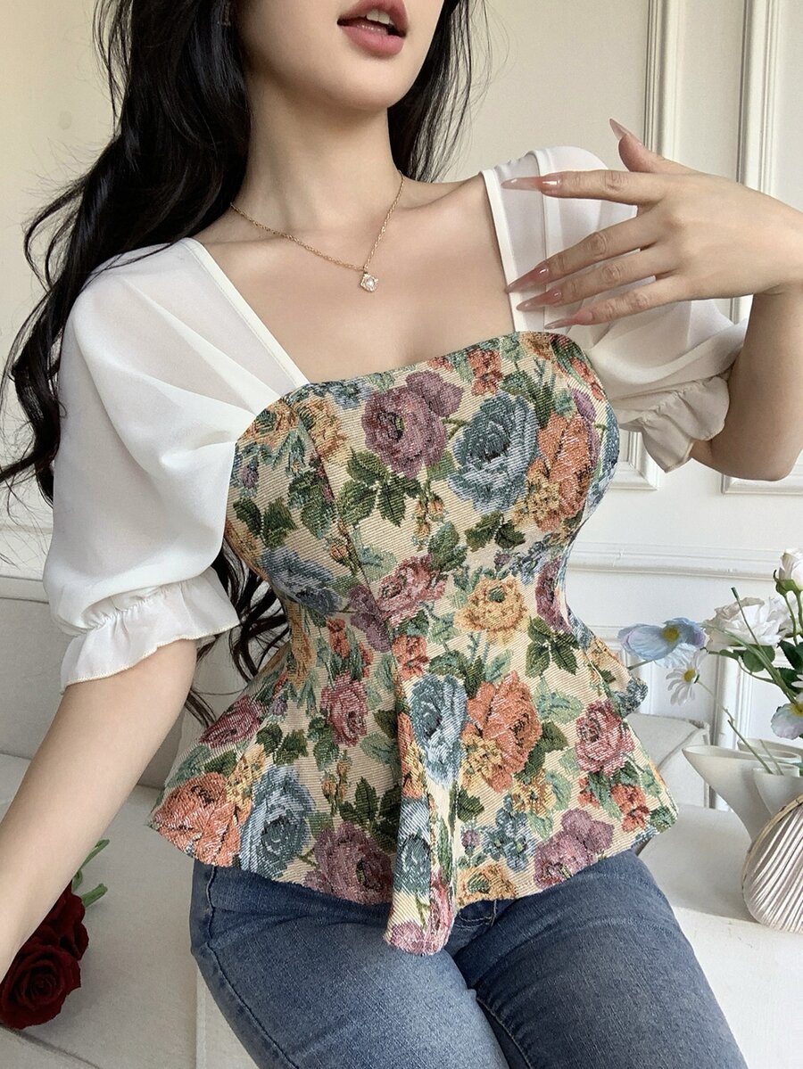 Roamenne Roamenne 女士花卉拼接提花短袖衬衫 - 白色 - 查看 1