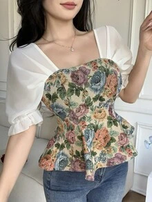 Roamenne Roamenne 女士花卉拼接提花短袖衬衫 - 白色 - 查看 6