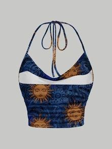 SHEIN MOD Casual Minimalist Tie Neck Halter Fitted Versatile Top With Sunflower Pattern,Summer Top - Multicolor - View 3