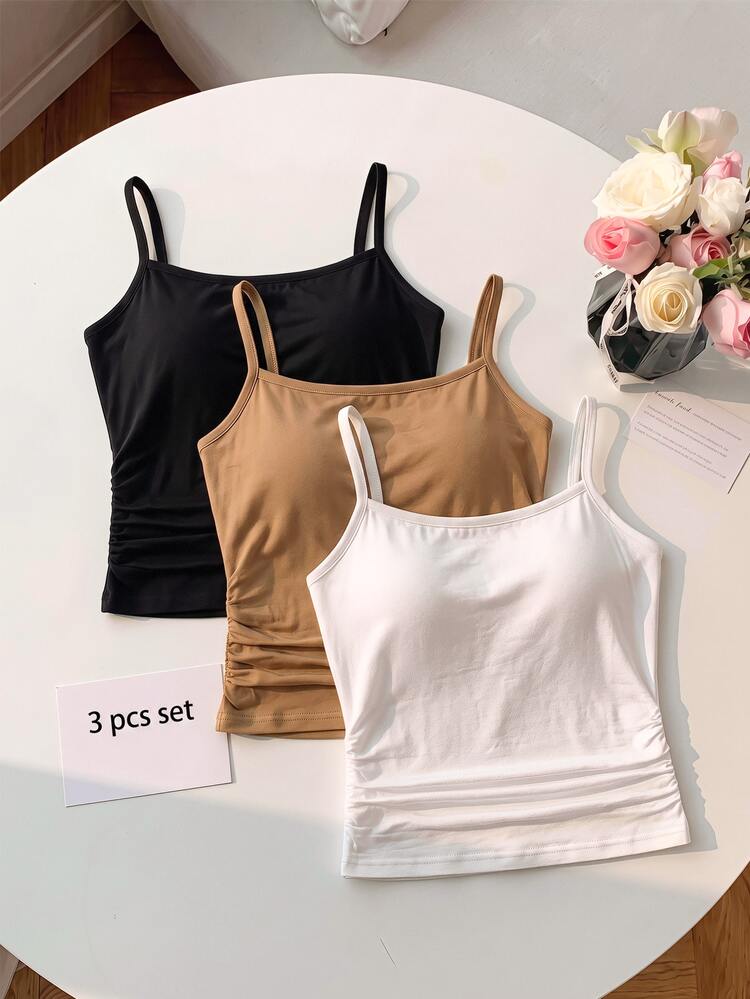 SHEIN Teen Girls Teen Girl Black White Coffee Multi-Color Set Camisole Tank Top Comfortable Casual Versatile Pcs Sixth Form Birthday Summer - Multicolor - View 7