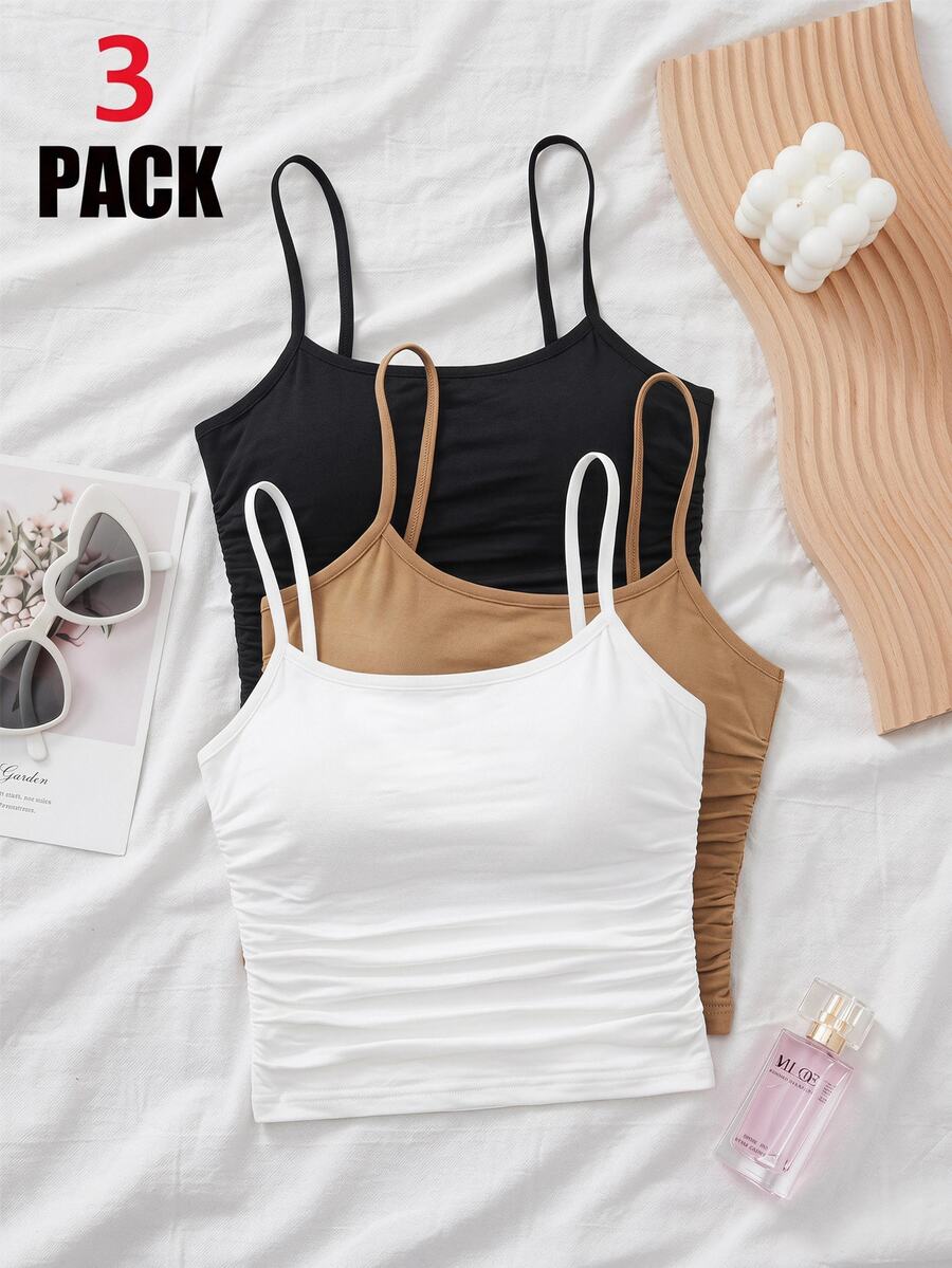 SHEIN Teen Girls Teen Girl Black White Coffee Multi-Color Set Camisole Tank Top Comfortable Casual Versatile Pcs Sixth Form Birthday Summer - Multicolor - View 1