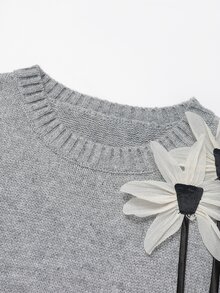 Franclia Fall Winter Grey 2pcs Set Women Cute School Back-To-School Knitted Vest & A-Line Skirt,3D Floral Round Neck Sleeveless Loose Outfit  New Year Party - Grey - View 7