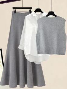 Franclia Fall Winter Grey 2pcs Set Women Cute School Back-To-School Knitted Vest & A-Line Skirt,3D Floral Round Neck Sleeveless Loose Outfit  New Year Party - Grey - View 4