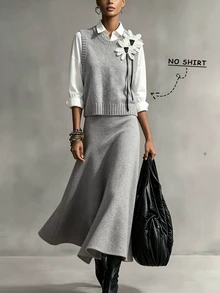 Franclia Fall Winter Grey 2pcs Set Women Cute School Back-To-School Knitted Vest & A-Line Skirt,3D Floral Round Neck Sleeveless Loose Outfit  New Year Party - Grey - View 3
