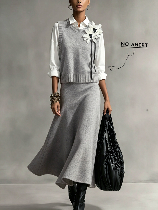 Franclia Fall Winter Grey 2pcs Set Women Cute School Back-To-School Knitted Vest & A-Line Skirt,3D Floral Round Neck Sleeveless Loose Outfit  New Year Party