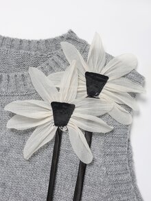 Franclia Fall Winter Grey 2pcs Set Women Cute School Back-To-School Knitted Vest & A-Line Skirt,3D Floral Round Neck Sleeveless Loose Outfit  New Year Party - Grey - View 6