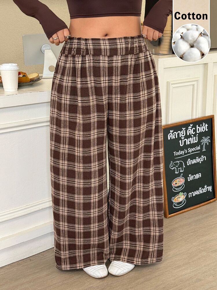 Muchica Plus-Size Women's Early Autumn Maillard Brown Plaid Casual 90s Soft Form Slimming Versatile Everyday Wide-Leg Pants Fall Brunch Formal Office - Multicolor - View 3