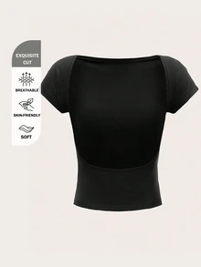 SHEIN MOD Backless Batwing Sleeve Solid Black Tee - Black - View 6
