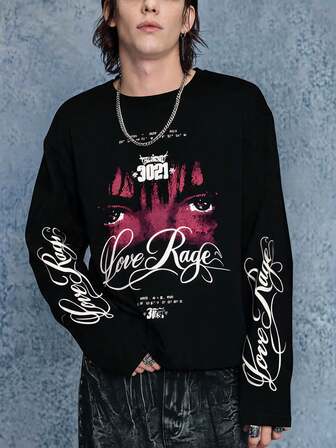 Herren Dunkles Porträt & Englisch Schwarz-Weiß Grafik Pullover Sweatshirt, Herbst Streetwear Feiertags Lässig Langarm Pullover Sweatshirt, Street Sports Dunkler Stil