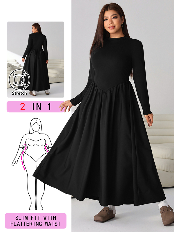 Solflare Plus Size Women Solid Color Long Sleeve Casual Commuter Dress