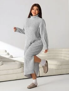 Solflare Plus Size Women Solid Color High Neck Drop Shoulder Long Sleeve Casual Knit Dress - Light Grey - View 3