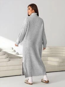 Solflare Plus Size Women Solid Color High Neck Drop Shoulder Long Sleeve Casual Knit Dress - Light Grey - View 2