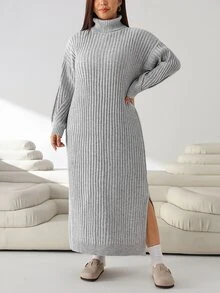 Solflare Plus Size Women Solid Color High Neck Drop Shoulder Long Sleeve Casual Knit Dress - Light Grey - View 6