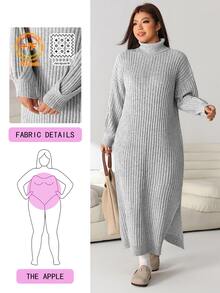 Solflare Plus Size Women Solid Color High Neck Drop Shoulder Long Sleeve Casual Knit Dress - Light Grey - View 1