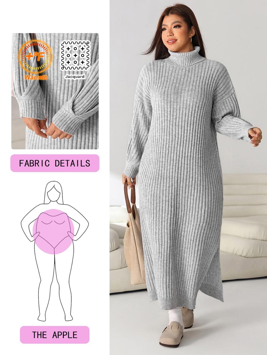 Solflare Plus Size Women Solid Color High Neck Drop Shoulder Long Sleeve Casual Knit Dress - Light Grey - View 1