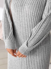 Solflare Plus Size Women Solid Color High Neck Drop Shoulder Long Sleeve Casual Knit Dress - Light Grey - View 5