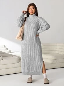 Solflare Plus Size Women Solid Color High Neck Drop Shoulder Long Sleeve Casual Knit Dress - Light Grey - View 4
