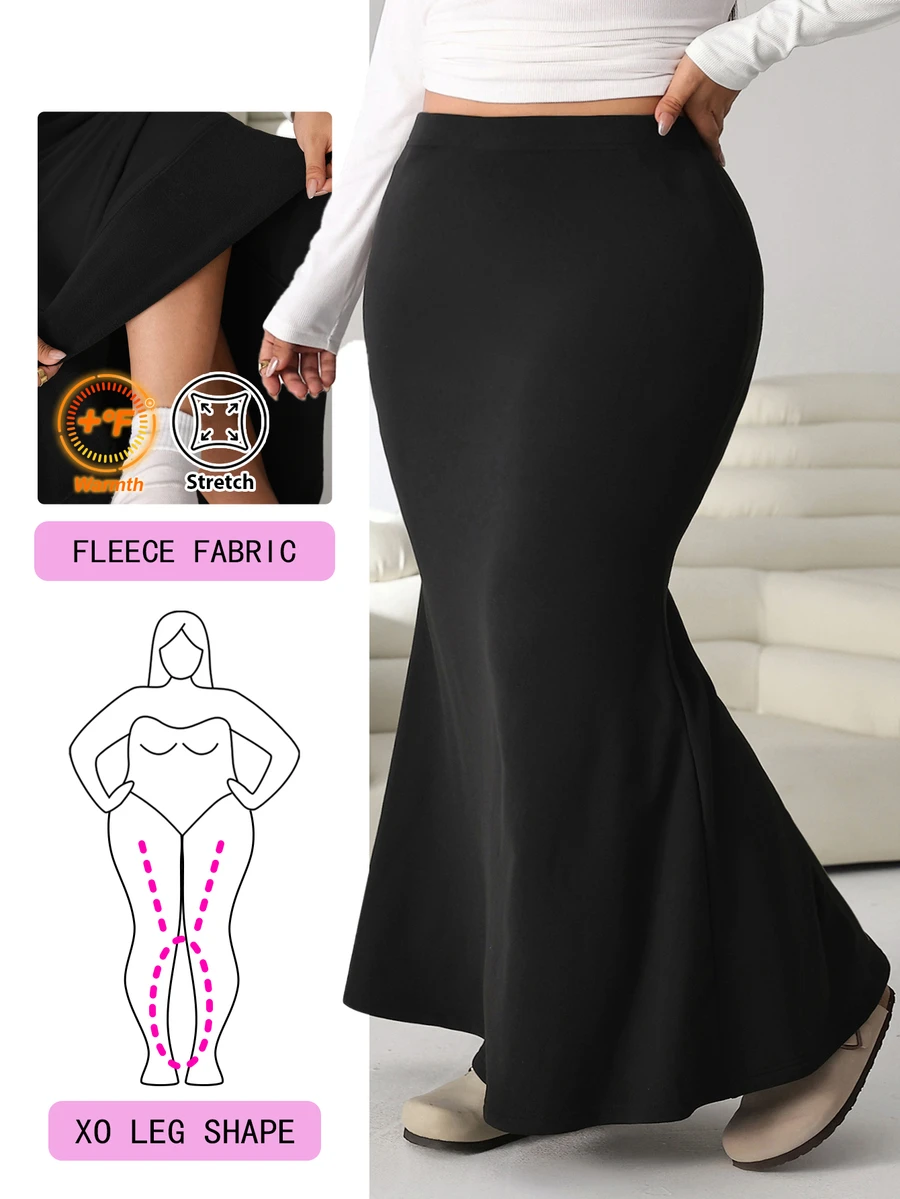 Solflare Plus Size Solid Color Elegant Mermaid Tail Midi Skirt For Date - Black - View 1