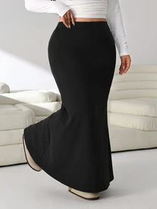 Solflare Plus Size Solid Color Elegant Mermaid Tail Midi Skirt For Date - Black - View 3