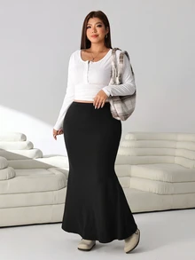 Solflare Plus Size Solid Color Elegant Mermaid Tail Midi Skirt For Date - Black - View 4
