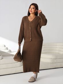 Solflare Plus Size Women Solid Color Long Sleeve Top And Skirt Knit Set - Mocha Brown - View 6