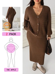 Solflare Plus Size Women Solid Color Long Sleeve Top And Skirt Knit Set - Mocha Brown - View 7