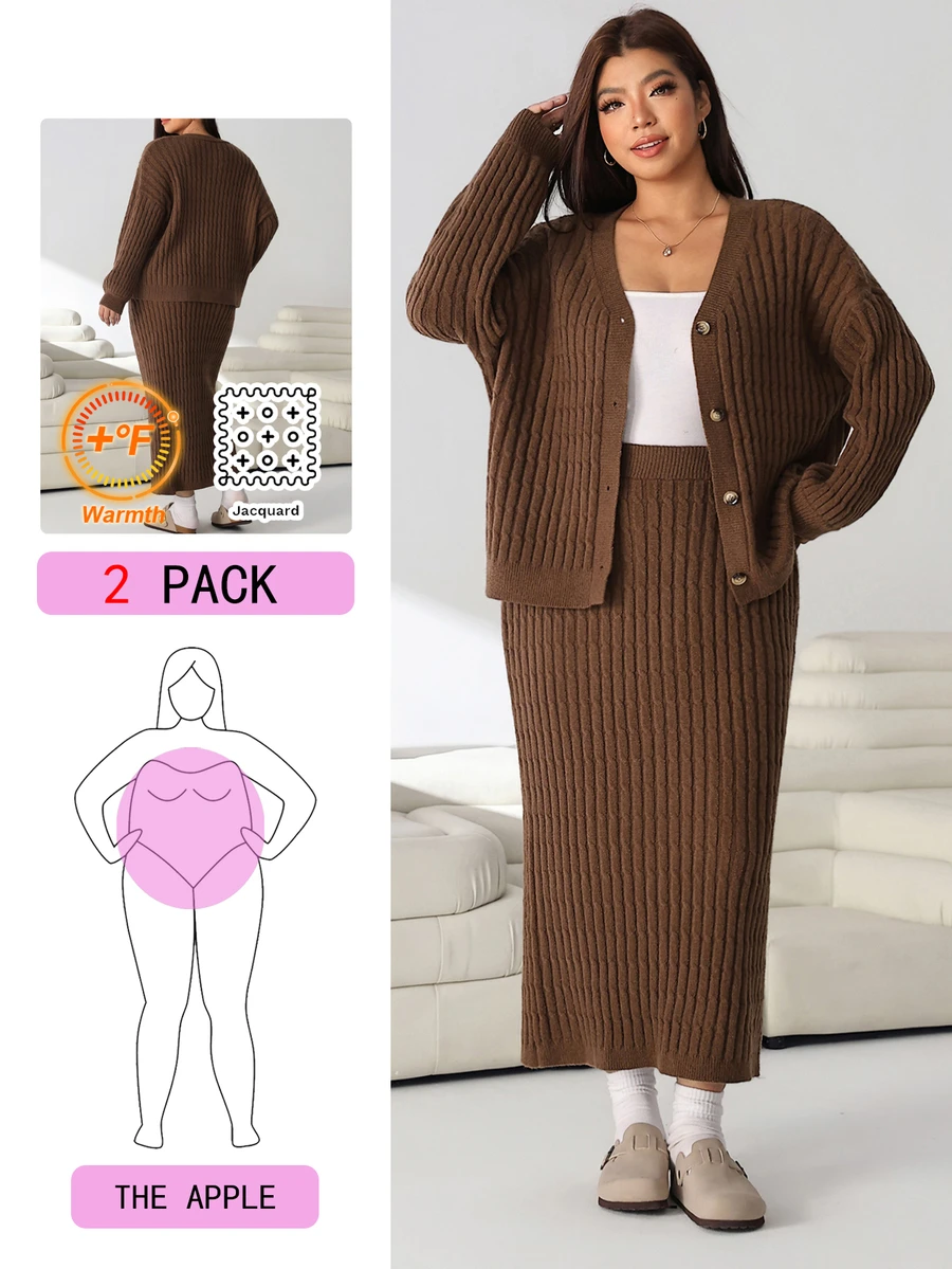 Solflare Plus Size Women Solid Color Long Sleeve Top And Skirt Knit Set - Mocha Brown - View 1