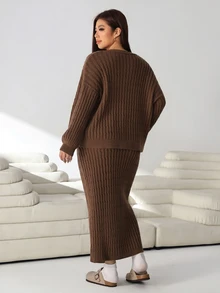 Solflare Plus Size Women Solid Color Long Sleeve Top And Skirt Knit Set - Mocha Brown - View 2