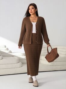 Solflare Plus Size Women Solid Color Long Sleeve Top And Skirt Knit Set - Mocha Brown - View 5