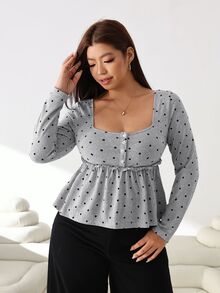 Solflare Plus Size Women Polka Dot Print Square Neck Long Sleeve Button Design Ruffle Hem Casual T-Shirt - Multicolor - View 6