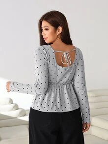 Solflare Plus Size Women Polka Dot Print Square Neck Long Sleeve Button Design Ruffle Hem Casual T-Shirt - Multicolor - View 2