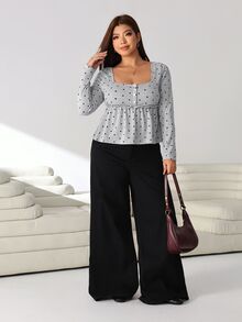Solflare Plus Size Women Polka Dot Print Square Neck Long Sleeve Button Design Ruffle Hem Casual T-Shirt - Multicolor - View 4