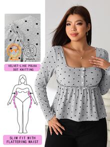 Solflare Plus Size Women Polka Dot Print Square Neck Long Sleeve Button Design Ruffle Hem Casual T-Shirt - Multicolor - View 1
