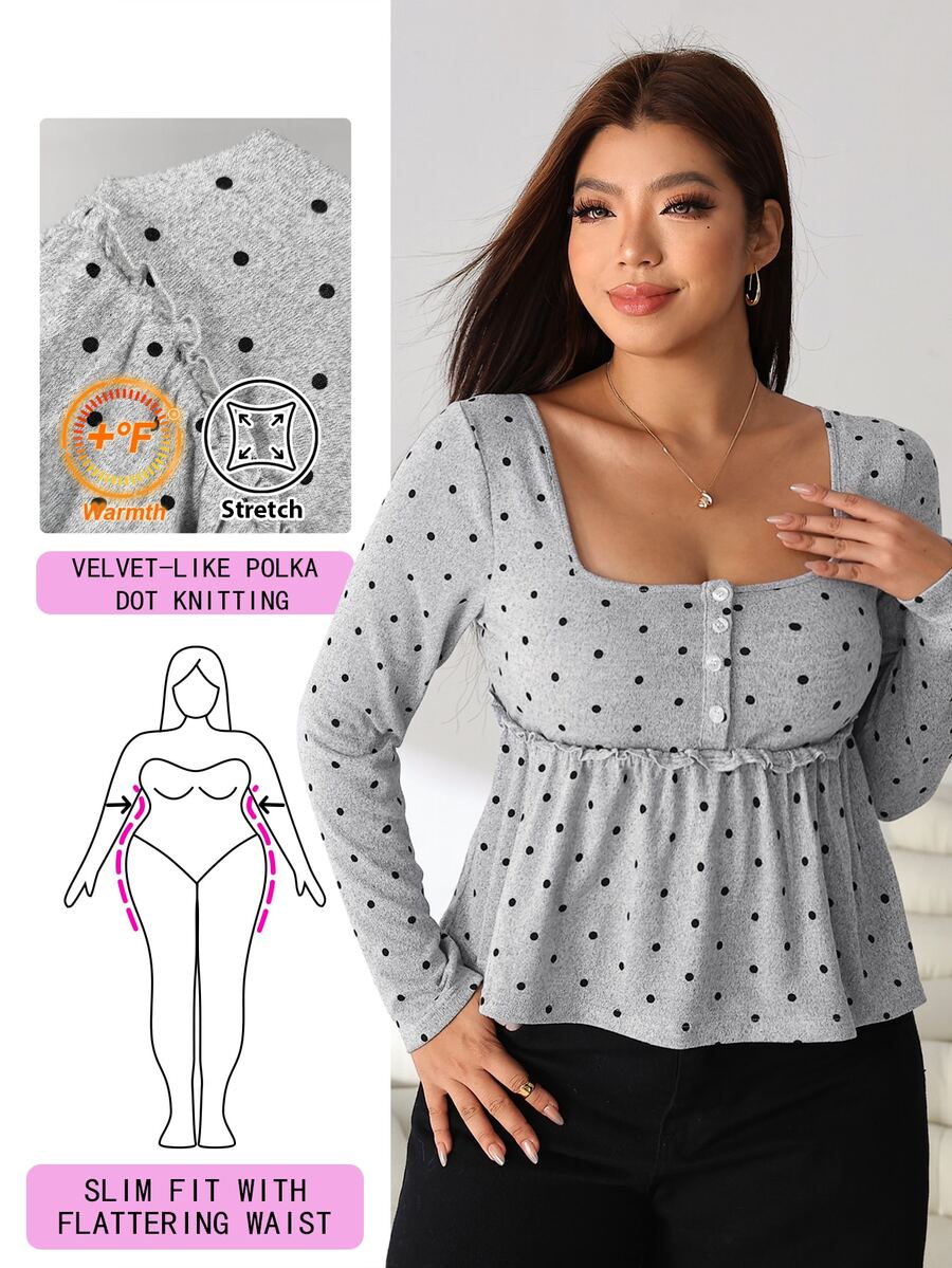 Solflare Plus Size Women Polka Dot Print Square Neck Long Sleeve Button Design Ruffle Hem Casual T-Shirt - Multicolor - View 1