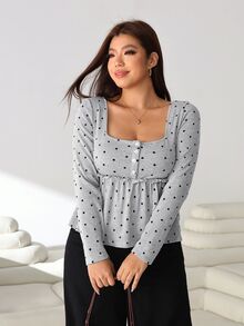 Solflare Plus Size Women Polka Dot Print Square Neck Long Sleeve Button Design Ruffle Hem Casual T-Shirt - Multicolor - View 5