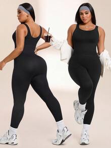 SHEIN Rhythm Era Women's Plus Size Solid Color Tank Top Style Sports Jumpsuit Gym Black Summer - Black - View 2